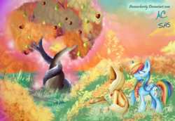 Size: 1024x704 | Tagged: safe, artist:animechristy, part of a set, applejack, rainbow dash, earth pony, pegasus, pony, g4, the perfect pear, autumn, clothes, eyes closed, female, mare, sad, scarf, sitting, tree