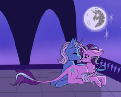 Size: 1000x800 | Tagged: safe, artist:uniquecolorchaos, starlight glimmer, trixie, classical unicorn, pony, unicorn, g4, duo, female, horn, leonine tail, lesbian, mare, mare in the moon, moon, ship:startrix, shipping, unshorn fetlocks
