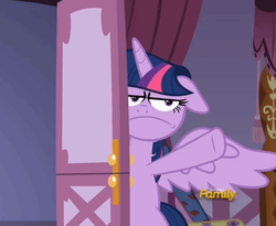 Size: 544x445 | Tagged: safe, screencap, twilight sparkle, alicorn, pony, fame and misfortune, g4, angry, discovery family logo, door, ears back, faic, female, flattened, frown, grumpy, looking at you, mare, solo, twilight sparkle (alicorn), unamused