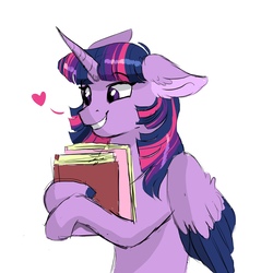 Size: 2000x2000 | Tagged: safe, artist:scarletskitty12, twilight sparkle, alicorn, pony, g4, adorkable, book, cute, dork, ear fluff, female, floppy ears, heart, high res, mare, simple background, smiling, solo, that pony sure does love books, twilight sparkle (alicorn), white background