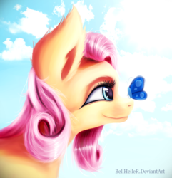 Size: 2800x2900 | Tagged: safe, artist:bellheller, fluttershy, butterfly, pony, g4, bust, butterfly on nose, cloud, cute, female, high res, insect on nose, looking at something, mare, portrait, profile, shyabetes, sky, smiling, solo