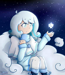 Size: 1983x2267 | Tagged: safe, artist:aniluap-mcmelody, oc, oc only, oc:snowdrop, human, blind, clothes, cloud, coat, female, humanized, humanized oc, night, snow, snowfall, solo
