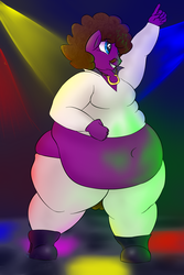 Size: 2000x3000 | Tagged: safe, artist:lupin quill, oc, oc only, oc:boogie hooves, anthro, 70s, afro, belly, belly button, bhm, big belly, clothes, dance floor, dancing, disco, disco outfit, facial hair, fat, high res, male, obese, platform shoes, solo, thunder thighs, tight clothing, wide hips