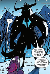 Size: 295x436 | Tagged: safe, idw, official comic, storm king, tempest shadow, pony, g4, my little pony: the movie, my little pony: the movie prequel, spoiler:comic, duo, female, male, mare, silhouette, snow, speech bubble