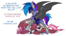 Size: 1280x710 | Tagged: safe, artist:kez, oc, oc only, oc:lyssa, oc:zeny, bat pony, pegasus, pony, angry, argument, armor, clothes, collar, dialogue, duo, duo female, eye contact, fangs, female, fight, helmet, looking at each other, mare, multicolored hair, night guard, open mouth, poking, ragnarok online, simple background, sisters, speech bubble, spread wings, talking, trampling, transparent background, wings