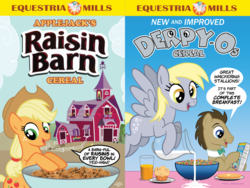 Size: 1024x768 | Tagged: safe, artist:tim-kangaroo, applejack, derpy hooves, doctor whooves, time turner, earth pony, pony, g4, cereal, dialogue, exploitable meme, food, juice, meme, milk, muffin, parody, poster, raisin bran, spilled milk, updated, waffle