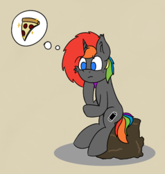 Size: 424x445 | Tagged: safe, artist:keplerspacepony, oc, oc only, oc:krylone, pony, food, pictogram, pizza, rainbow hair, the thinker, thinking, thought bubble