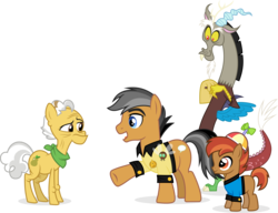 Size: 11388x8730 | Tagged: safe, artist:punzil504, button mash, discord, grand pear, quibble pants, draconequus, earth pony, parasprite, pony, g4, absurd resolution, colt, looking at each other, male, simple background, smiling, stallion, star trek, transparent background, vector