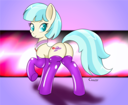 Size: 1833x1500 | Tagged: safe, artist:canister, coco pommel, earth pony, pony, g4, butt, clothes, female, latex socks, looking at you, looking back, looking back at you, mare, plot, signature, socks, solo, thigh highs