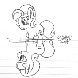 Size: 1786x1786 | Tagged: safe, artist:binkyt11, derpibooru exclusive, starlight glimmer, pony, unicorn, g4, atg 2017, duality, equal cutie mark, female, lined paper, mare, monochrome, newbie artist training grounds, past self, reflection, teary eyes, traditional art