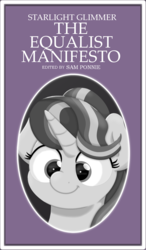 Size: 1250x2145 | Tagged: safe, artist:ljdamz1119, starlight glimmer, pony, unicorn, fame and misfortune, g4, :t, book, communism, communist manifesto, cute, equal, equality, female, glimmerbetes, grayscale, manifesto, mare, monochrome, parody, ponified, smiling, solo, stalin glimmer, wingding eyes