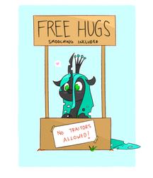 Size: 950x1100 | Tagged: safe, artist:grim ponka, queen chrysalis, changeling, changeling queen, g4, blushing, cute, cutealis, female, floppy ears, free hugs, heart, newbie artist training grounds, sign, smiling, solo, style emulation
