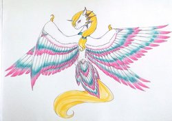 Size: 1024x720 | Tagged: safe, artist:oneiria-fylakas, oc, oc only, oc:aora, alicorn, pony, seraph, seraphicorn, female, mare, multiple wings, solo, spread wings, tail feathers, traditional art, wings