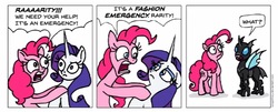 Size: 964x389 | Tagged: safe, artist:gingerfoxy, pinkie pie, rarity, changeling, earth pony, pony, unicorn, pony comic generator, g4, comic, dialogue, disguise, disguised changeling, female, mare, simple background, speech bubble, white background