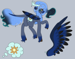 Size: 5537x4324 | Tagged: safe, artist:midnight-drip, oc, oc only, oc:andromeda, hybrid, absurd resolution, antlers, cloven hooves, colored wings, interspecies offspring, multicolored wings, offspring, parent:discord, parent:princess luna, parents:lunacord, raised hoof, reference sheet, solo, unshorn fetlocks