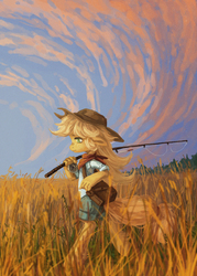 Size: 1259x1761 | Tagged: safe, artist:koviry, applejack, earth pony, anthro, g4, clothes, cowboy hat, female, field, fishing, fishing rod, freckles, grass field, hat, scenery, shorts, solo, stetson, walking