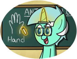 Size: 880x673 | Tagged: safe, artist:techreel, lyra heartstrings, pony, unicorn, fanfic:anthropology, g4, chalk, chalkboard, female, glasses, glowing horn, hand, horn, humie, magic, simple background, solo, telekinesis, that pony sure does love hands, transparent background