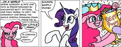 Size: 913x358 | Tagged: safe, artist:gingerfoxy, pinkie pie, rarity, earth pony, pony, unicorn, pony comic generator, g4, best pony, candy, comic, dialogue, female, food, in a world, mare, speech bubble, trophy