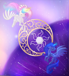 Size: 1400x1539 | Tagged: safe, artist:jaeneth, princess celestia, princess luna, pony, g4, flying, magic, shooting star