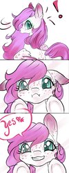 Size: 1400x3500 | Tagged: safe, artist:candasaurus, oc, oc only, oc:glittering white, pegasus, pony, comic, cute, dialogue, exclamation point, female, floppy ears, mare, smiling, solo