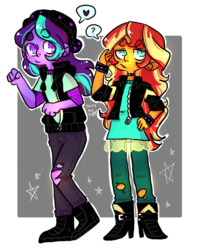 Size: 744x937 | Tagged: safe, artist:jackytheripperart, starlight glimmer, sunset shimmer, equestria girls, g4, beanie, bracelet, clothes, duo, eyebrows, hat, jewelry, spiked wristband, torn clothes, wristband