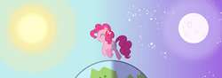 Size: 1280x450 | Tagged: safe, artist:grievousfan, pinkie pie, pony, g4, eyes closed, female, moon, planet, plushie, smiling, solo, sun, trotting, ty