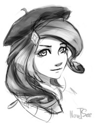 Size: 495x635 | Tagged: safe, artist:inowiseei, rarity, human, g4, beret, bust, female, humanized, looking at you, monochrome, signature, simple background, sketch, smiling, solo, white background