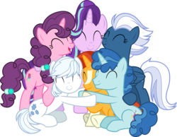 Size: 7122x5527 | Tagged: safe, artist:pink1ejack, double diamond, night glider, party favor, starlight glimmer, sugar belle, sunburst, earth pony, pegasus, pony, unicorn, g4, ^^, absurd resolution, alternate mane six, alternate universe, cute, eyes closed, female, hug, male, mare, not gay, show accurate, simple background, smiling, stallion, transparent background, vector