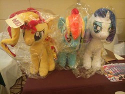 Size: 500x375 | Tagged: safe, rainbow dash, rarity, sunset shimmer, pony, g4, china ponycon, irl, photo, plushie