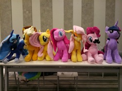 Size: 777x582 | Tagged: safe, artist:hutouluosha, applejack, fluttershy, pinkie pie, princess luna, twilight sparkle, alicorn, pony, g4, china ponycon, facial hair, female, irl, moustache, photo, pinkamena diane pie, plushie, twilight sparkle (alicorn)