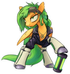 Size: 1376x1466 | Tagged: safe, artist:inlucidreverie, oc, oc only, oc:atom smasher, cyborg, pegasus, pony, the sunjackers, clothes, cyberpunk, female, goggles, jewelry, mare, necklace, new canterlot