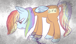 Size: 704x415 | Tagged: safe, artist:kittumera, rainbow dash, pony, g4, b-f16, chains, clothes, female, head down, prison outfit, prisoner, prisoner rd, shackles, solo