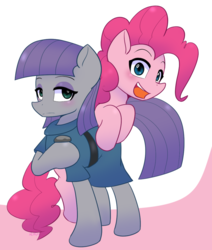 Size: 800x943 | Tagged: safe, artist:puetsua, boulder (g4), maud pie, pinkie pie, earth pony, pony, g4, clothes, female, lidded eyes, looking at you, mare, open mouth, simple background, smiling