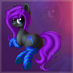 Size: 1498x1498 | Tagged: safe, artist:anti1mozg, oc, oc only, pony, unicorn, butt, clothes, commission, female, looking at you, looking back, looking back at you, mare, plot, smiling, socks, solo, striped socks, ych result, zoom layer