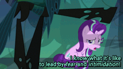 Size: 576x324 | Tagged: safe, edit, screencap, queen chrysalis, starlight glimmer, changeling, changeling queen, pony, unicorn, g4, to where and back again, adhesion, animated, antagonist, anti-villain, caption, changeling hive, changeling lady, cornered, epic, fangs, female, flying, gif, hero, heroic speech, heroine, leadership, looking up, mare, shadow, sitting, speech, spread wings, talking, text, villainess, wallcrawling, wings, wisdom