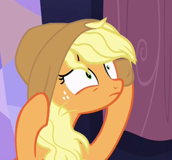 Size: 434x403 | Tagged: safe, screencap, applejack, earth pony, pony, fame and misfortune, g4, adorable distress, cute, female, mare, messy mane, pulling, scared, solo