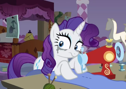 Size: 530x378 | Tagged: safe, screencap, rarity, pony, fame and misfortune, g4, crying, female, frustrated, insanity, makeup, mare, messy mane, running makeup, sewing, sewing machine, solo