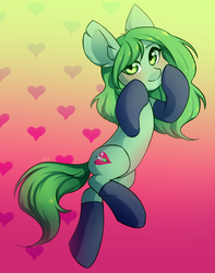 Size: 1672x2125 | Tagged: safe, artist:miioko, oc, oc only, unnamed oc, earth pony, pony, clothes, commission, female, gradient background, heart, looking at you, mare, smiling, solo, stockings, thigh highs