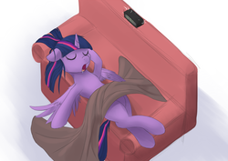 Size: 1200x850 | Tagged: safe, artist:vanillaghosties, twilight sparkle, alicorn, pony, g4, alarm clock, atg 2017, blanket, clock, couch, female, mare, newbie artist training grounds, sleeping, solo, twilight sparkle (alicorn)