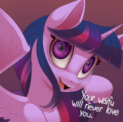 Size: 1681x1661 | Tagged: safe, artist:evehly, twilight sparkle, alicorn, pony, g4, anti-bronybait, bloodshot eyes, bronybait, brutal honesty, bust, crazy eyes, dead eyes, dialogue, ear fluff, female, gradient background, honesty, looking at you, mare, open mouth, public service announcement, reality sucks, smiling, solo, spread wings, subversive kawaii, truth, twilight sparkle (alicorn), waifu, wide eyes, wings, your waifu will never love you