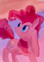Size: 880x1222 | Tagged: safe, artist:laurasrxfgcc, pinkie pie, earth pony, pony, g4, abstract background, female, hoof on cheek, looking away, mare, raised hoof, smiling, solo