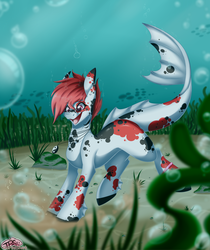 Size: 2600x3100 | Tagged: safe, artist:pinktabico, oc, oc only, fish, original species, pony, bubble, commission, high res, male, open mouth, seaweed, smiling, solo, stallion, underwater