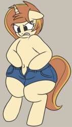 Size: 512x904 | Tagged: safe, artist:andelai, oc, oc only, oc:celice, unicorn, semi-anthro, angry, arm hooves, belly, belly button, bipedal, chubby, clothes, pants, shorts, wide hips