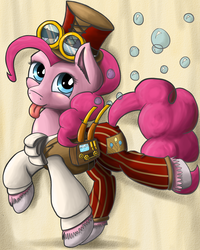 Size: 3200x4000 | Tagged: safe, artist:niegelvonwolf, pinkie pie, earth pony, pony, g4, clothes, cute, female, goggles, hat, high res, mare, pants, solo, steampunk, tongue out, top hat