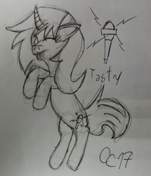 Size: 2075x2410 | Tagged: safe, artist:carloscreations, oc, oc only, oc:tasty frequency, pony, unicorn, curved horn, drawing, female, high res, horn, mare, microphone, monochrome, simple background, solo, tongue out, traditional art, white background