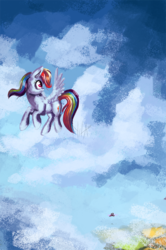 Size: 795x1200 | Tagged: safe, artist:raramila, rainbow dash, pony, g4, cloud, female, flying, solo