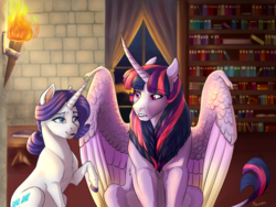 Size: 3000x2250 | Tagged: safe, artist:maxiima, artist:php130, rarity, twilight sparkle, alicorn, hybrid, pony, sphinx, unicorn, arranged marriage au, g4, alternate universe, book, bookshelf, collaboration, colored hooves, colored wings, colored wingtips, crown, curved horn, female, high res, horn, jewelry, lesbian, mare, multicolored wings, realistic horse legs, regalia, ship:rarilight, shipping, smiling, species swap, torch, twilight sparkle (alicorn), wing claws