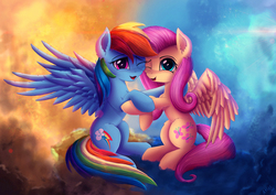Size: 3000x2125 | Tagged: safe, artist:atlas-66, fluttershy, rainbow dash, pegasus, pony, fame and misfortune, g4, cute, dashabetes, duo, duo female, eyebrows, female, high res, hug, lesbian, looking at you, mare, one eye closed, open mouth, open smile, scene interpretation, ship:flutterdash, shipping, shyabetes, smiling, spread wings, wings