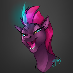 Size: 2517x2500 | Tagged: safe, artist:casynuf, tempest shadow, pony, unicorn, g4, my little pony: the movie, beautiful, broken horn, bust, curved horn, eye scar, female, high res, horn, looking at you, magic horn, mare, open mouth, scar, solo