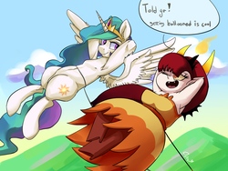 Size: 1600x1200 | Tagged: safe, artist:passigcamel, princess celestia, alicorn, pony, g4, armpits, clothes, crossover, female, floating, hekapoo, looking at each other, mare, smiling, star vs the forces of evil